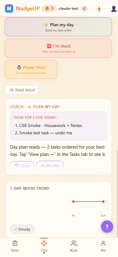 NudgeUP AI Coach screen — choose a coaching mode and get a personalized Day Plan based on your Vibe Check