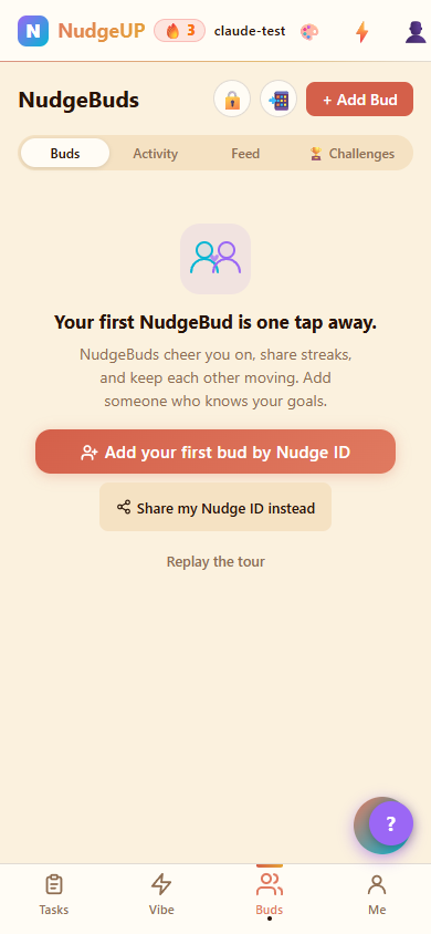 NudgeUP NudgeBuds screen — see your accountability partners' streaks and send quick reactions