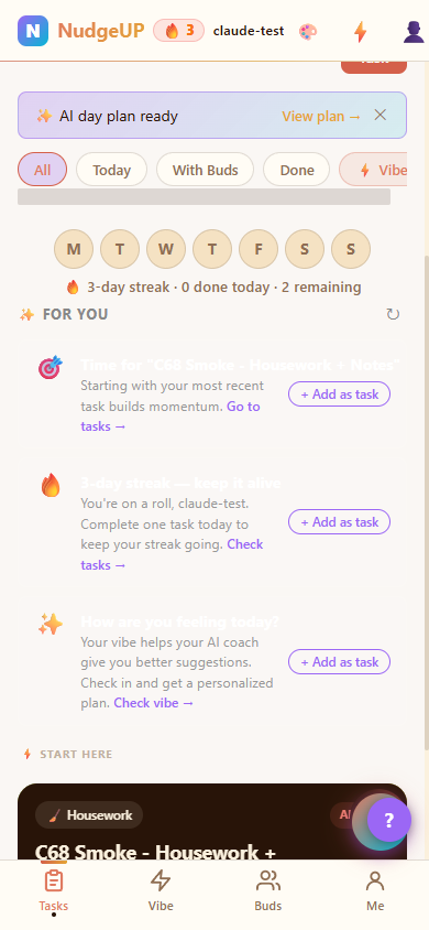NudgeUP Streaks screen — track your daily streak and let your NudgeBuds cheer you on