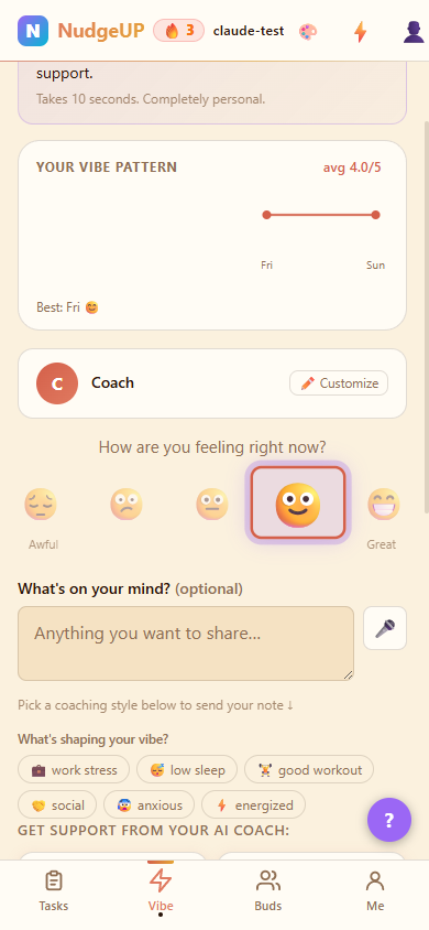 NudgeUP Vibe Check screen — tap your energy level and let the app reorder your task list automatically